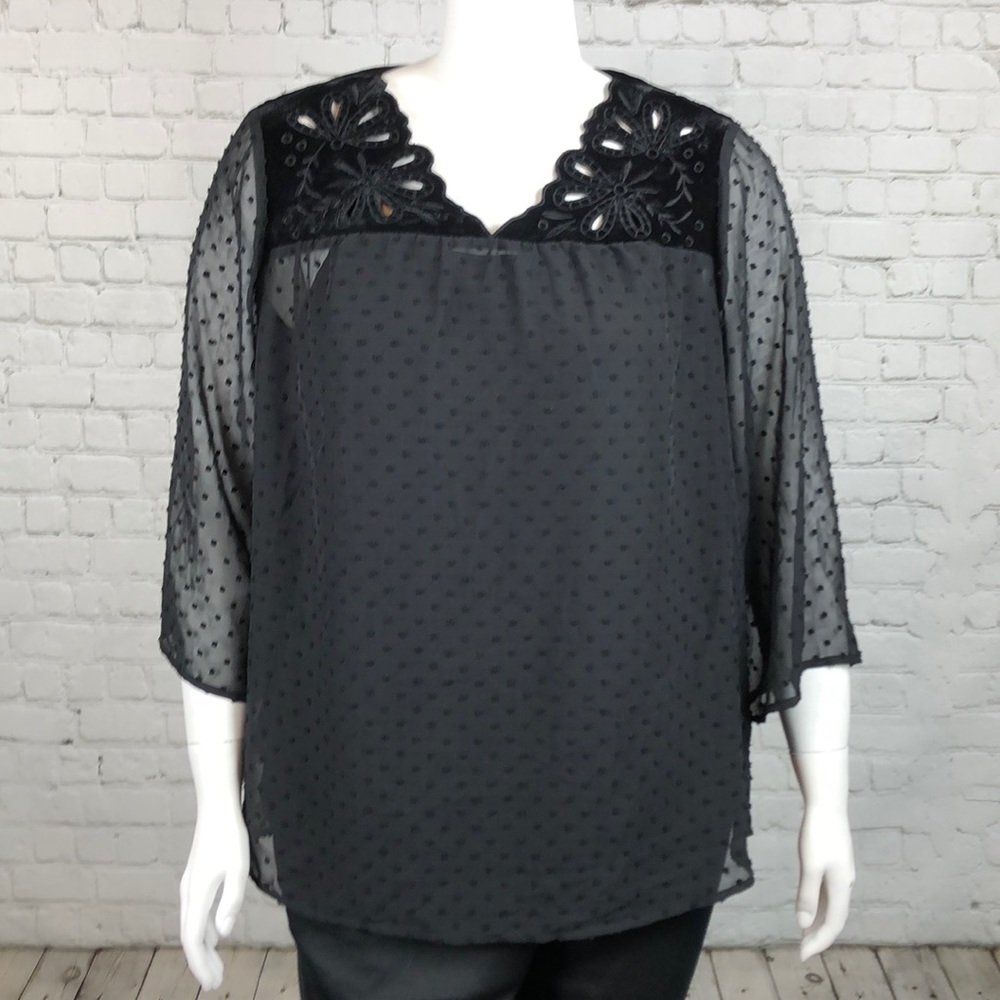 1X 2X3X Style & Co Black Swiss Dot Velvet Yoke Top - Picture 2 of 6